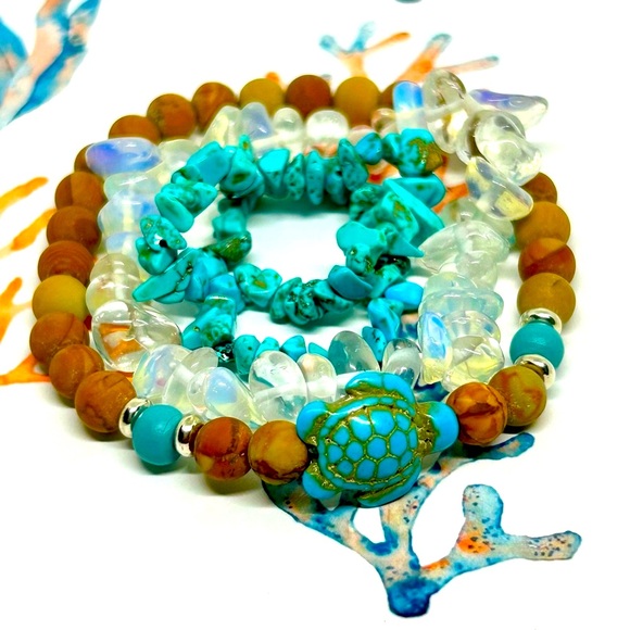 Handmade Sea Turtle Beaded Stone Beach Bracelet Set! New in Box! - Picture 4 of 7